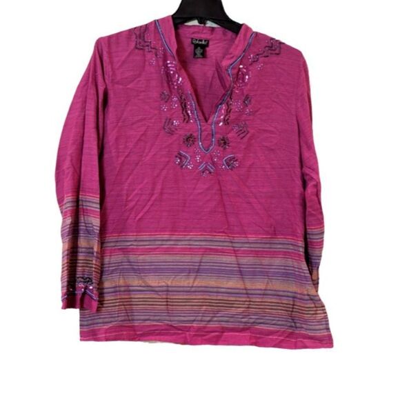 Rafaella Womens Size 16 Fuchsia Pink Long Sleeve Split Neck Blouse Tunic Top - Picture 1 of 10